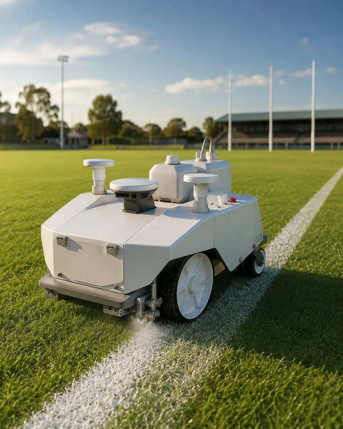Robotic GPS line-marking machine applying a straight white boundary line on a professional rugby field.