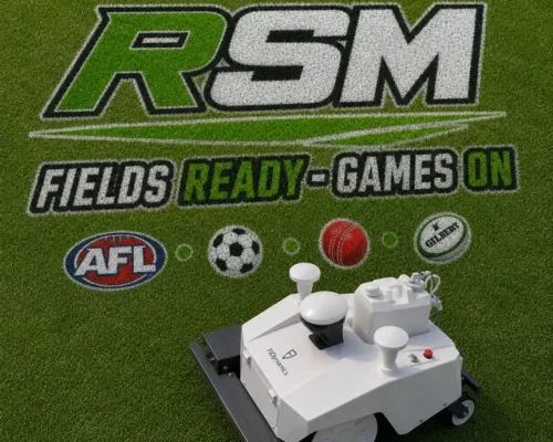 RSM robotic sports field line-marking machine displayed on grass with multi-sport field branding and game icons.