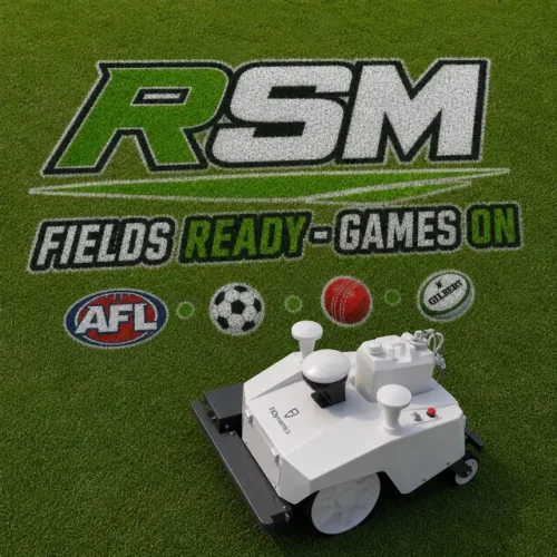 RSM robotic sports field line-marking machine displayed on grass with multi-sport field branding and game icons.