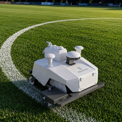 Autonomous sports field line-marking robot painting a precise curved white boundary line on green grass.