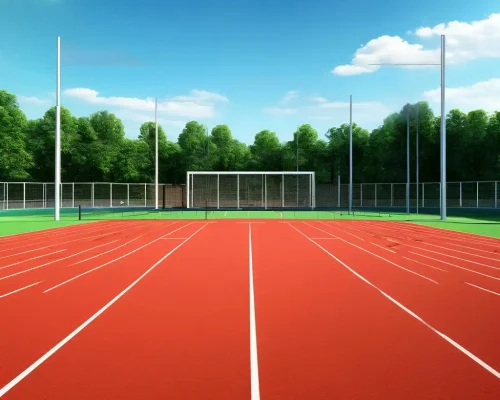 Professionally line-marked outdoor athletics track and multi-sport field with goalposts under a clear blue sky.