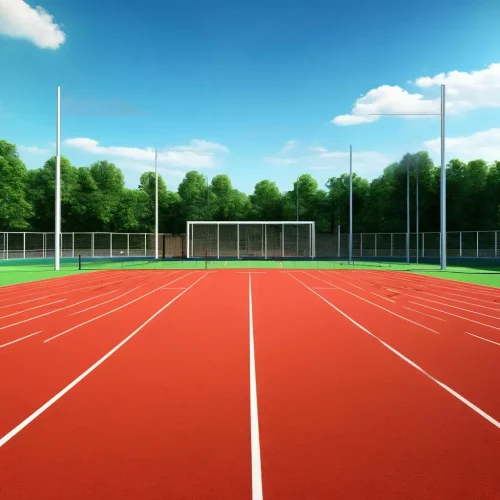 Professionally line-marked outdoor athletics track and multi-sport field with goalposts under a clear blue sky.